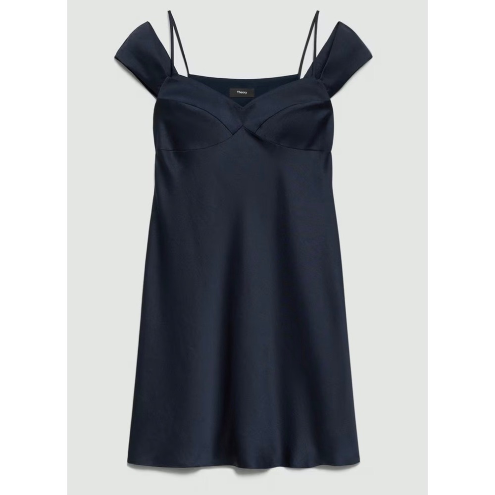 NWT Theory Navy Blue Crushed Satin Off Shoulder Mini‎ Slip Sweetheart Sz 6 $368